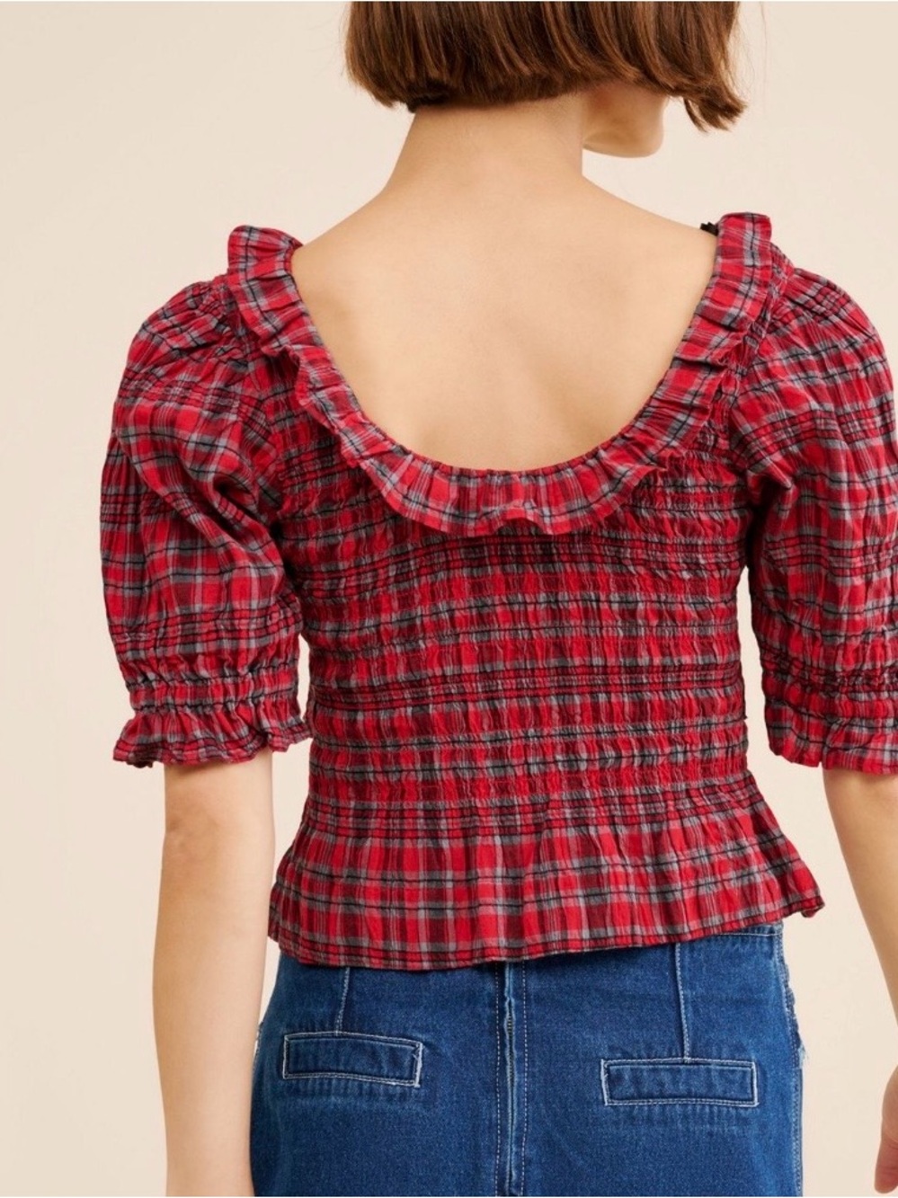 Damson Madder Megan Puffed Sleeve Red Plaid Ruffled blouse - Picture 2 of 7